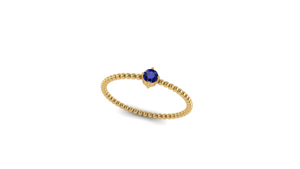 Round Blue Sapphire Beaded Ring in 14k Yellow Gold